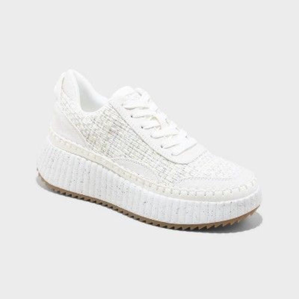 Women's White Tweed Woven Platform Lace-Up Sneaker